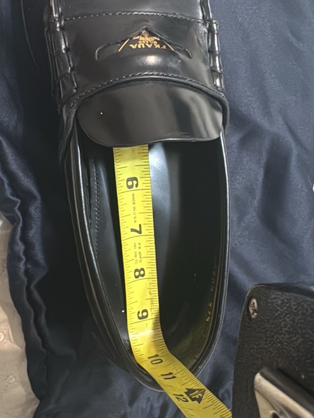 Prada Black Leather Penny Loafers with Gold Logo Hardware - Picture 11 of 12